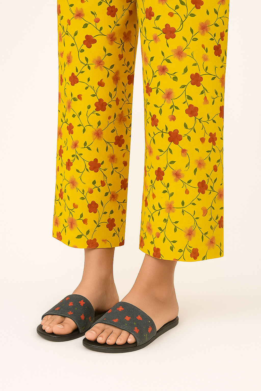 Yellow - Floral Printed Trousers For Women - Left