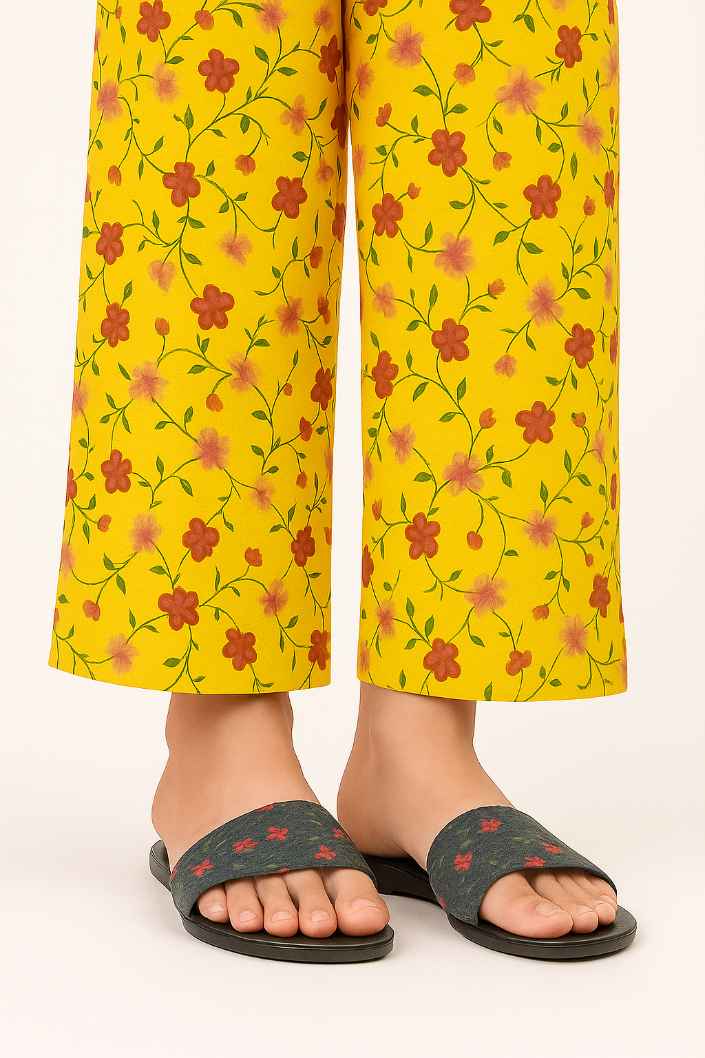 Yellow - Floral Printed Trousers For Women - Right