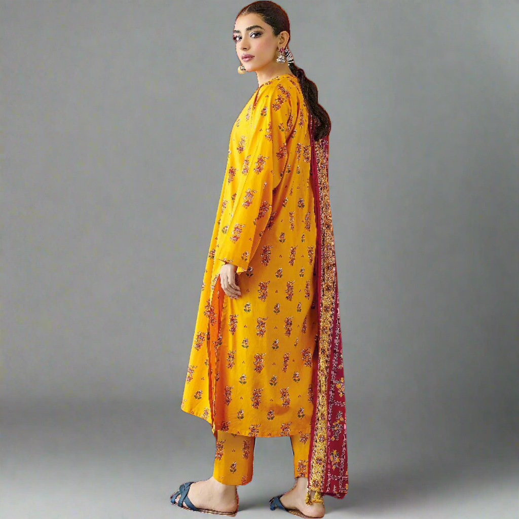 Yellow - Orient Unstitched Khaddar 3 Piece Suit - Back