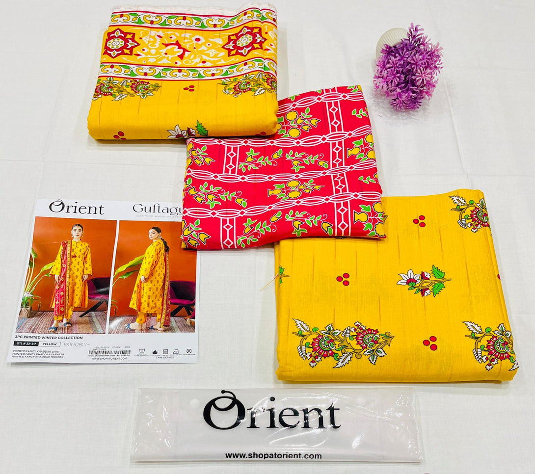 Yellow - Orient Unstitched Khaddar 3 Piece Suit - Kameez, Shalwar & Dupatta